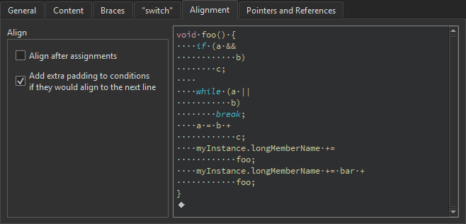 {Alignment tab in the Code Style tab in C++ preferences}