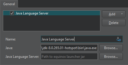 {Java language server in the General tab in Language Client preferences}