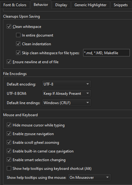{Behavior tab in Text Editor preferences}