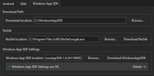 {Win App SDK tab in SDKs preferences}