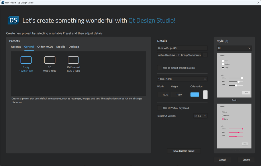 New Project dialog